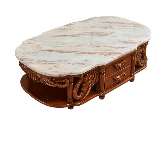 Solid Wood Marble Top Coffee Table with Storage Drawers, Hand-Carved Traditional Living Room Center Table, Luxury Vintage Cocktail Table with Open Shelf