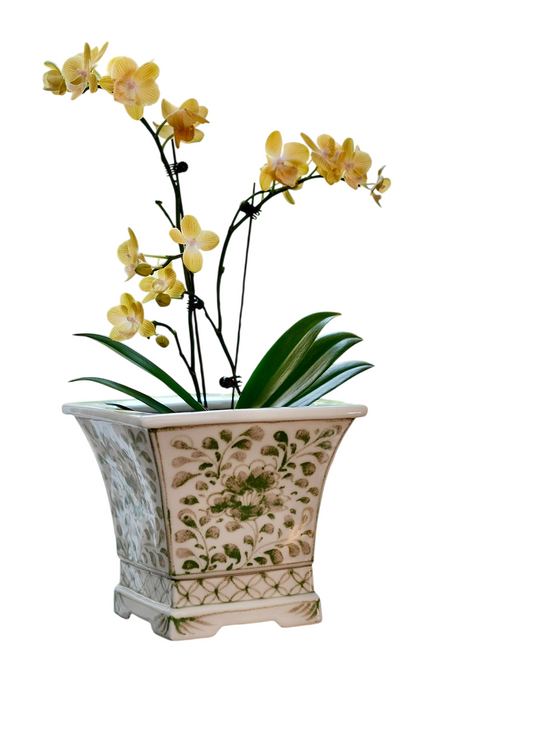 Green Floral Ceramic Planter, Square Decorative Flower Pot for Tabletop