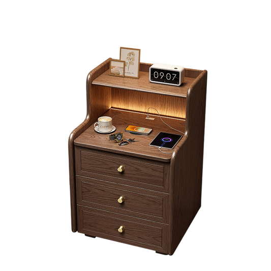 27-Inch Solid Wood Smart Nightstand with Wireless Charging, 3 Drawers