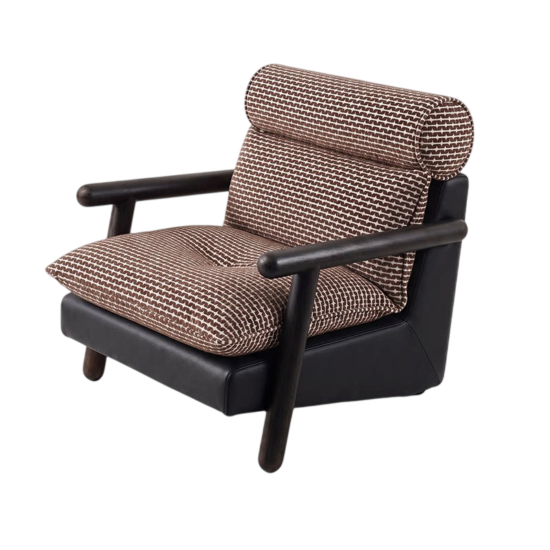 Brown Jacquard Accent Chair with Ash Wood Arms, Upholstered Lounge Chair