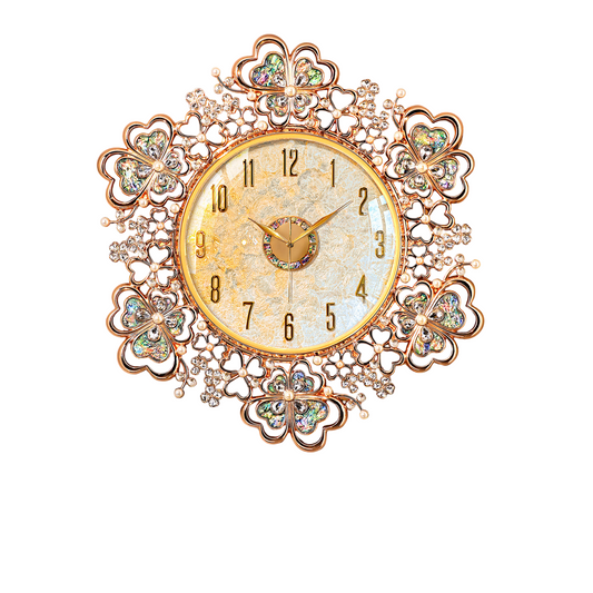 Large Gold Floral Wall Clock, Decorative Shell Style Clock with Crystal Style Accents, Silent Battery Operated Round Wall Clock for Living Room, Dining Room, Entryway, Bedroom Decor
