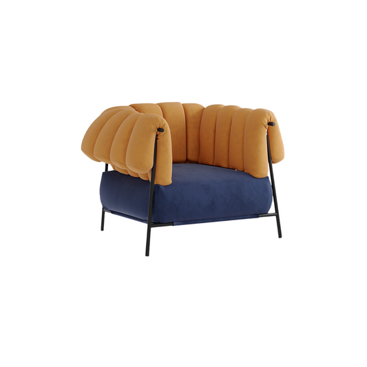 Orange Velvet and Blue Velvet Accent Armchair with Channel Tufted Wraparound Back, Carbon Steel Frame, Modern Retro Lounge Chair for Living Room, Bedroom, Balcony, Hotel and Reading Nook