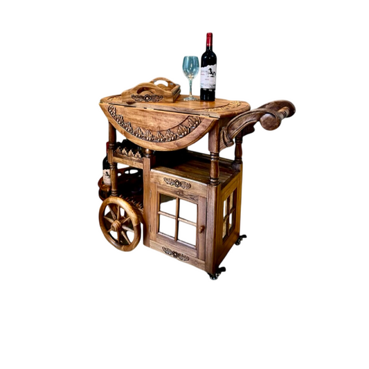 Solid Teak Rolling Bar Cart with Folding Top and Cabinet