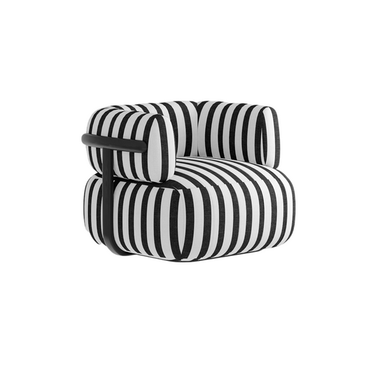 Black and White Striped Fabric Accent Chair with Rounded Cushions and Black Carbon Steel Tubular Frame, Modern Retro Lounge Armchair for Living Room, Bedroom, Apartment and Hotel
