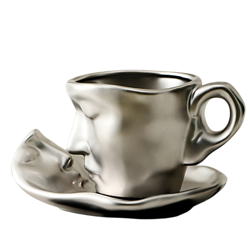 Face Coffee Mug and Saucer Set, 8.8 oz Ceramic Cup with Spoon, Silver