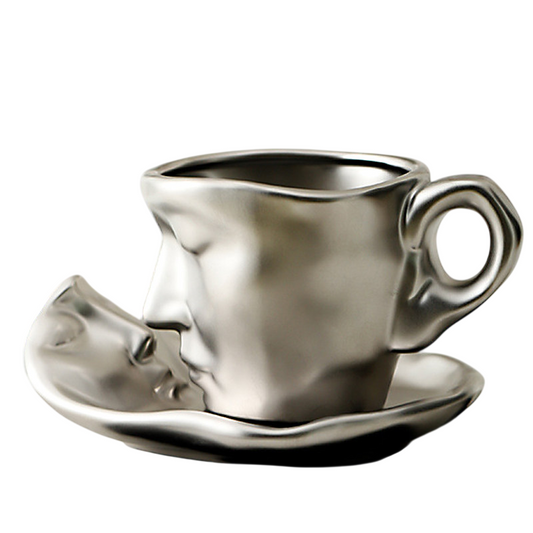 Face Coffee Mug and Saucer Set, 8.8 oz Ceramic Cup with Spoon, Silver