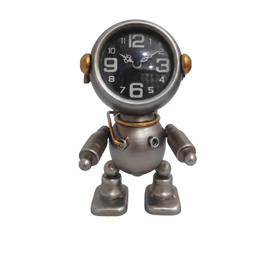 Silver Iron Robot Desk Clock, Vintage Industrial Tabletop Clock Figurine with Analog Display, Retro Metal Decorative Accent for Office Desk, Bookshelf, Bedroom and Living Room