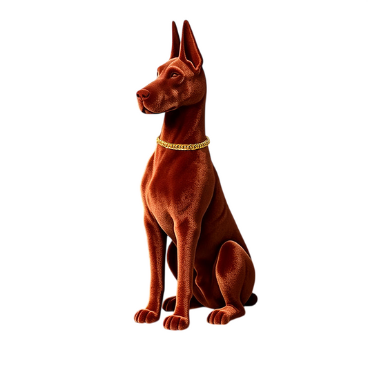 Brown Flocked Doberman Dog Floor Statue, Large Decorative Dog Sculpture with Gold Chain Accent, Modern Animal Figurine for Living Room, Entryway, TV Cabinet, Office, Housewarming Gift