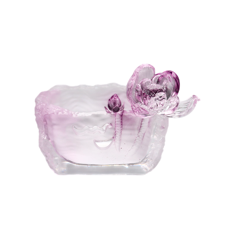Pink Lotus Art Glass Trinket Dish, Decorative Key and Jewelry Tray