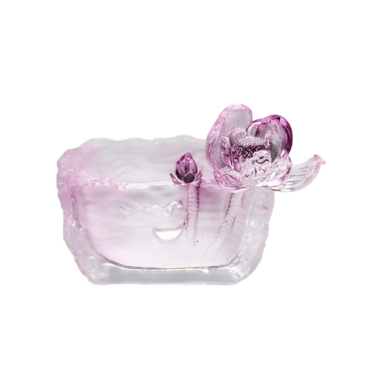 Pink Lotus Art Glass Trinket Dish, Decorative Key and Jewelry Tray