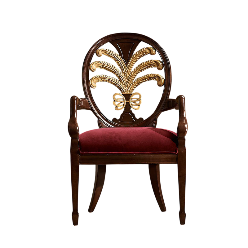 Burgundy Upholstered Dining Chair, Solid Wood Armchair with Round Open Back and Gold Fan Detail, Vintage Accent Chair for Dining Room, Living Room, Study, Cafe, Reception