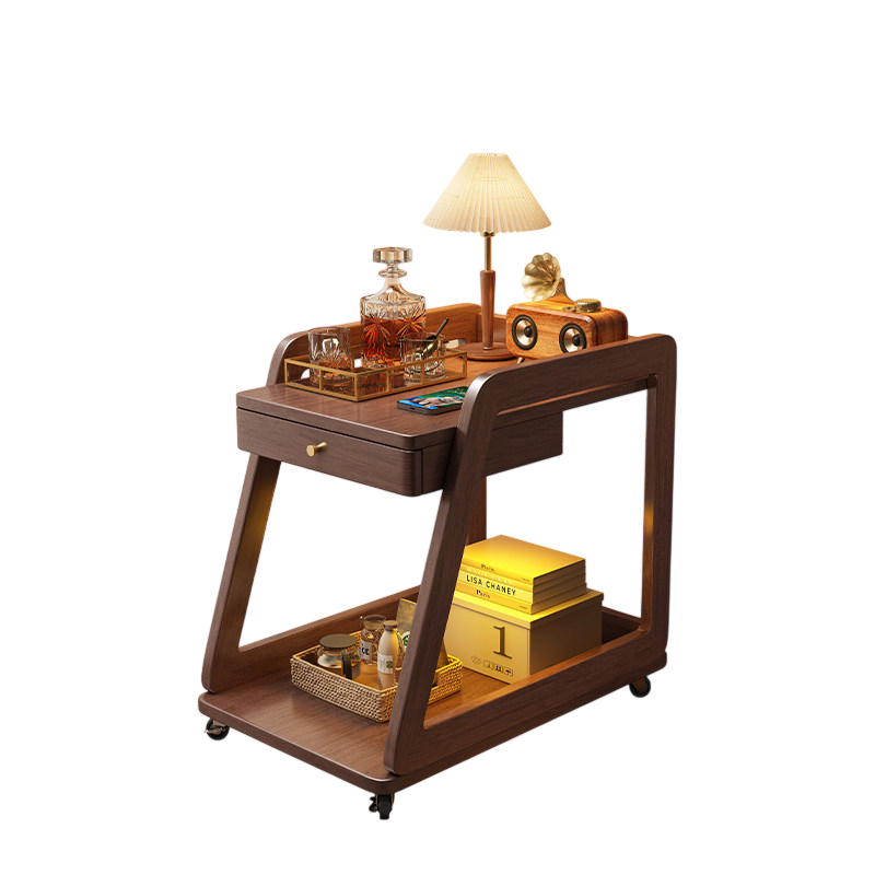 Solid Wood Bar Cart with Drawer, 2-Tier Walnut Serving Trolley