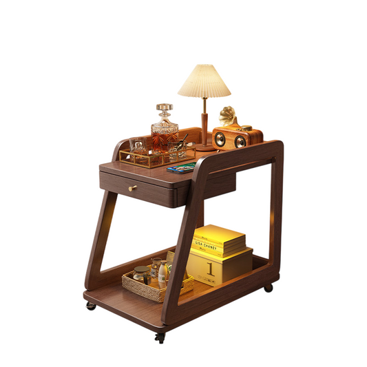 Solid Wood Bar Cart with Drawer, 2-Tier Walnut Serving Trolley