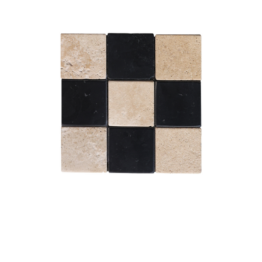 Black White Limestone Mosaic Tile French Vintage Checkerboard Stone Mosaic Floor Tile Matte Bathroom Kitchen Backsplash Patio Wall Flooring 11.8 x 11.8 Inch