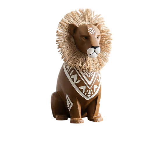 Brown Resin Lion Figurine with Raffia-Style Mane, Boho Sitting Animal Statue with White Geometric Details for Bookshelf, Office Desk, Entryway, Living Room and Bedroom Décor