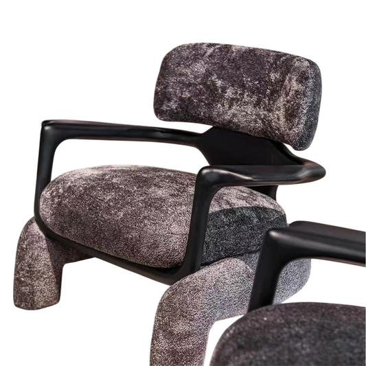 Modern Boucle Accent Chair, Deep Space Gray Upholstered Lounge Armchair with Sculptural Black Frame, Single Sofa Chair for Living Room, Bedroom, Reading Nook, Reception, Hotel, and Lounge Areas