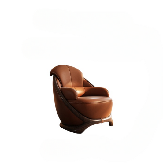 Brown Leather Lounge Chair with Sculpted Wenge Wood Frame