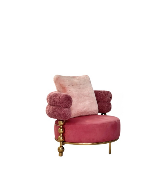 Pink Accent Chair with Faux Fur Arms and Gold Metal Base