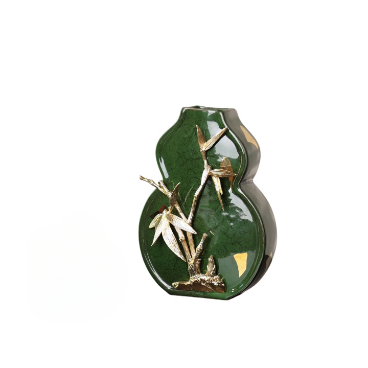 Green Ceramic Gourd Vase with Gold Bamboo Accent, Decorative Table Vase