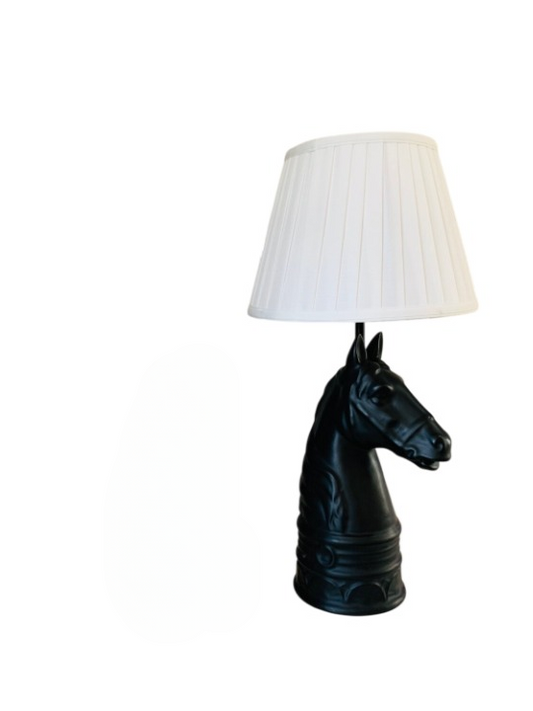 Black Horse Head Table Lamp with White Fabric Shade, Sculptural Ceramic Bedside Lamp with Remote Control Dimmable E27 Bulb, Vintage Accent Lamp for Bedroom Living Room Study
