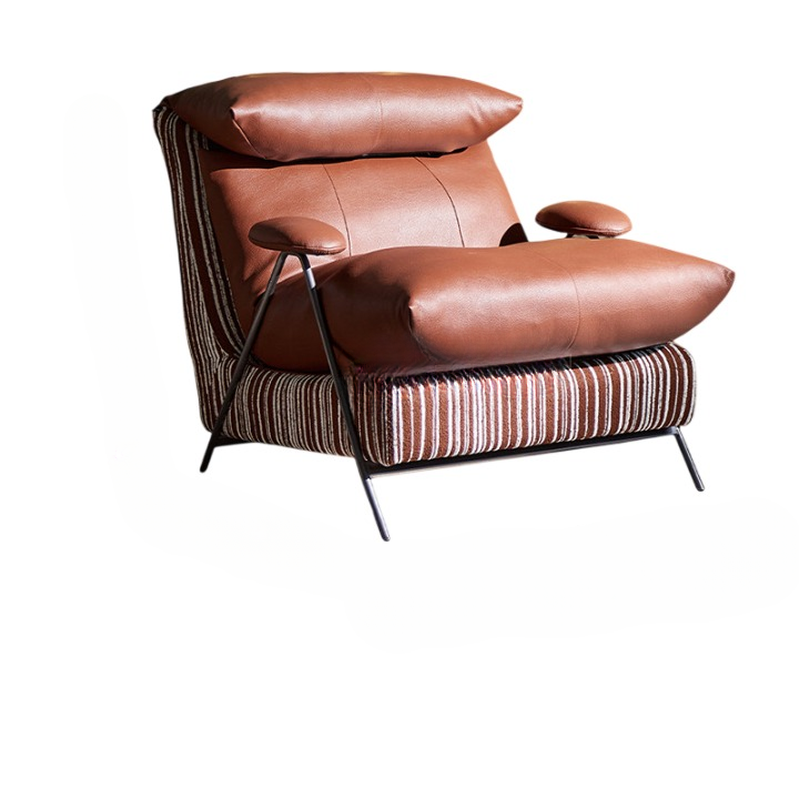 Vintage Accent Chair with Faux Leather Cushions, Striped Upholstered Lounge Chair with Metal Armrests, Single Sofa Chair for Living Room, Bedroom and Reading Nook