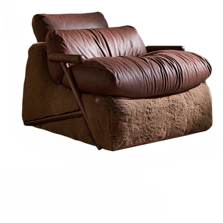 Brown Leather Lounge Chair, Oversized Single Sofa Chair with Faux Fur Base and Solid Wood Arms for Living Room, Bedroom, Reading Nook and Lounge