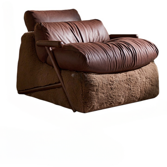 Brown Leather Lounge Chair, Oversized Single Sofa Chair with Faux Fur Base and Solid Wood Arms for Living Room, Bedroom, Reading Nook and Lounge