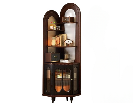 Dark Brown Solid Wood Corner Cabinet with Glass Doors and Open Shelves