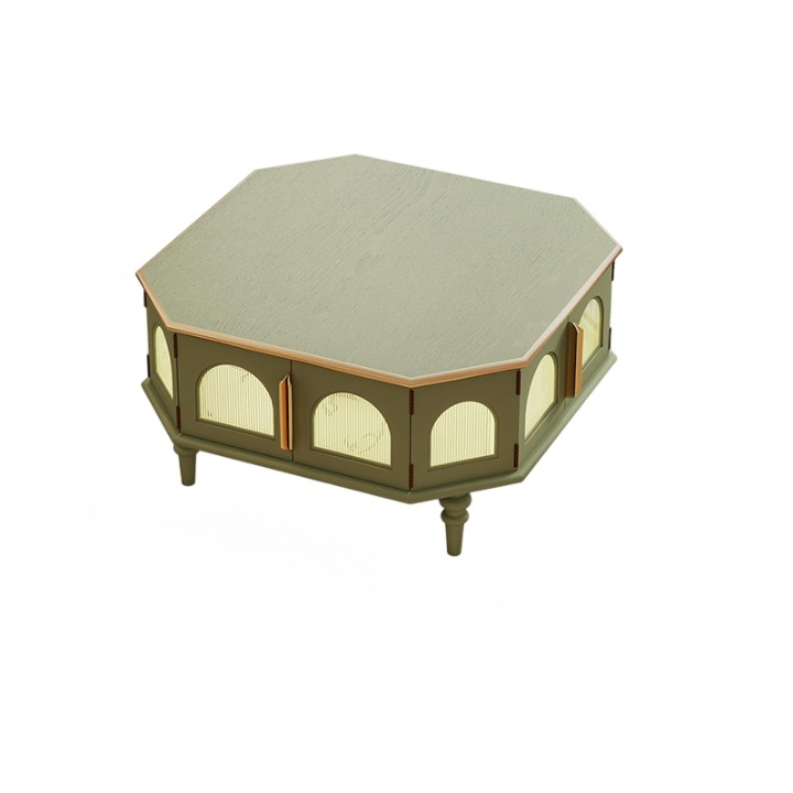 Moss Green Hexagon Coffee Table with Storage Doors, Solid Wood Frame