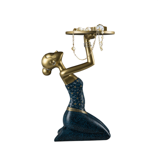 Blue and Gold Resin Dai Woman Floor Sculpture with Display Tray, Hand-Painted Cultural Figurine Key and Jewelry Holder for Entryway, Living Room, Bedroom and Office Decor