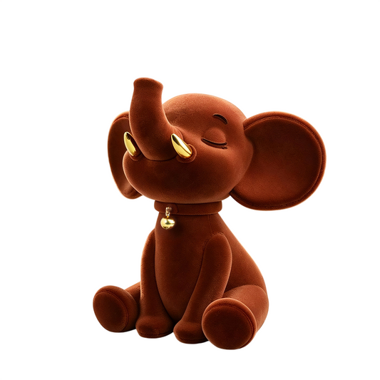 Brown Flocked Elephant Figurine, Cute Gold Accent Animal Statue with Raised Trunk, Decorative Tabletop Ornament for Living Room, Shelf, Desk, Nursery, Entryway, Gift Box Included