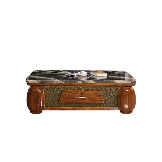 Wenge Wood Coffee Table with Marble Top and Storage Drawer