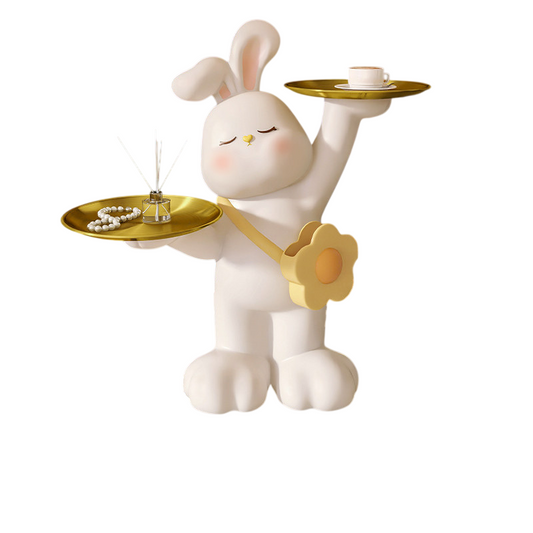 White Resin Rabbit Side Table with Dual Gold Stainless Steel Trays, Cute Sculptural Bunny Accent End Table for Living Room, Bedroom, Nursery, Sofa Side and Small Spaces