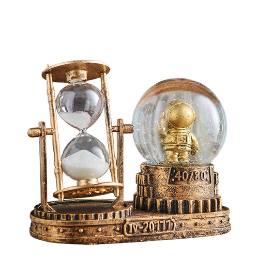 Astronaut Crystal Ball Hourglass Decor with LED Light, Vintage Gold Sand Timer Desktop Ornament, Creative Tabletop Decor for Living Room, Bedroom, Office, Shelf, Wine Cabinet