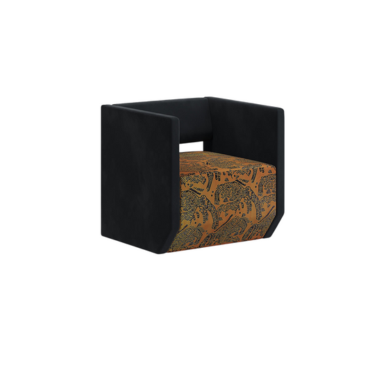 Black Upholstered Cube Accent Chair with Golden Brown Tiger Print Seat, Geometric Square Armchair with Enclosed Back for Living Room, Bedroom, Apartment, Hotel and Reading Corner