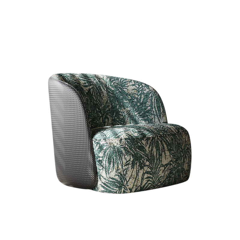 Green Leaf Print Accent Chair, Upholstered Barrel Lounge Chair with Woven Side Panel for Living Room, Bedroom, Balcony, Hotel and Reading Nook