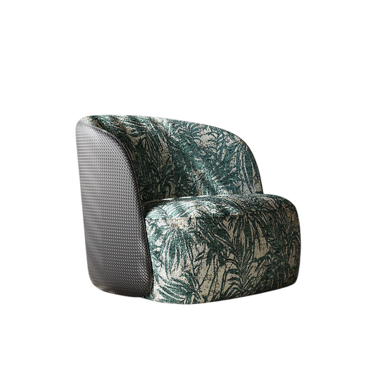 Green Leaf Print Accent Chair, Upholstered Barrel Lounge Chair with Woven Side Panel for Living Room, Bedroom, Balcony, Hotel and Reading Nook