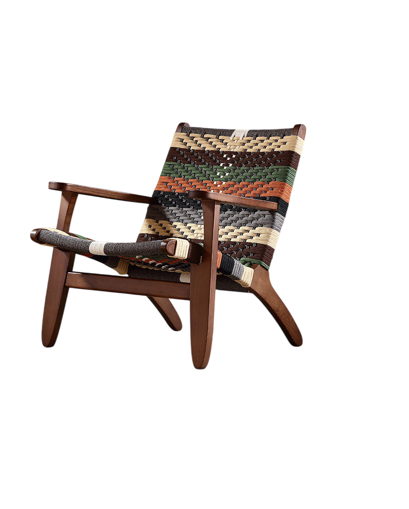 Solid Ash Wood Woven Rope Accent Chair, Multicolor Mid-Century Lounge Armchair for Living Room, Bedroom, Balcony and Reading Nook