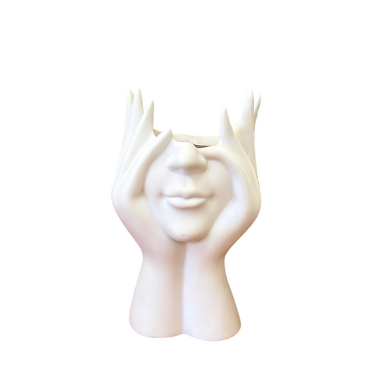 White Abstract Face Makeup Brush Holder, Sculptural Pen Cup