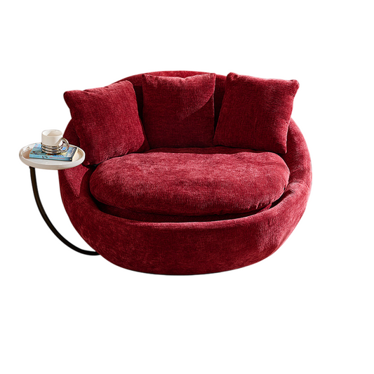 Burgundy Chenille Swivel Barrel Chair with Side Table and Pillows