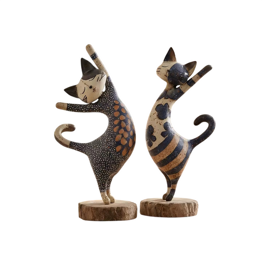 Set of 2 Vintage Style Resin Cat Figurines, Hand Painted Abstract Dancing Cat Statues with Wood Look Bases, Rustic Boho Tabletop Decor for Entryway Console, Bookshelf, Living Room, Bedroom and Office