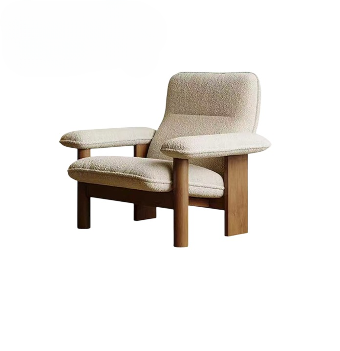 Cream Boucle Lounge Chair with Rubberwood Legs, Nordic Upholstered Accent Armchair with Wide Arms and Plush Cushion, Single Sofa Chair for Living Room Bedroom Balcony