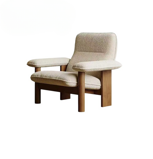 Cream Boucle Lounge Chair with Rubberwood Legs, Nordic Upholstered Accent Armchair with Wide Arms and Plush Cushion, Single Sofa Chair for Living Room Bedroom Balcony