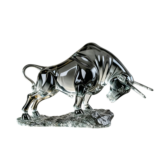 Transparent Bull Statue, Dynamic Head-Down Cattle Sculpture on Textured Base, Clear Glass-Look Animal Figurine for Office Desk, Living Room, Bookshelf and Executive Décor