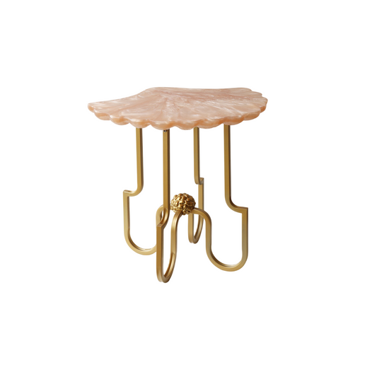 Pink Resin Shell Side Table with Gold Metal Base, Sculptural End Table