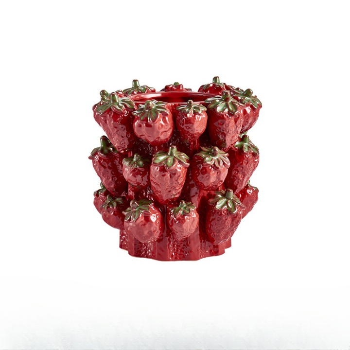 Red Strawberry Ceramic Planter Pot, Fruit-Shaped Decorative Flower Vase and Cachepot, Glossy Sculptural Tabletop Accent for Living Room, Bedroom, Entryway, Hotel and Display Spaces