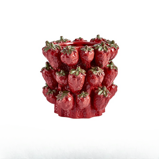 Red Strawberry Ceramic Planter Pot, Fruit-Shaped Decorative Flower Vase and Cachepot, Glossy Sculptural Tabletop Accent for Living Room, Bedroom, Entryway, Hotel and Display Spaces