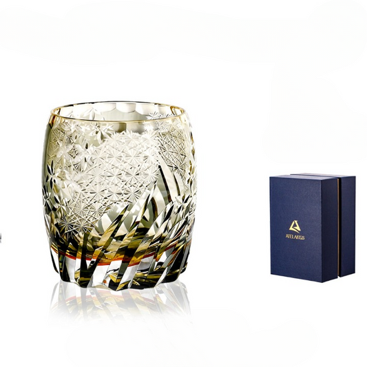 Clear Gold-Tone Hand-Cut Glass Whiskey Tumbler with Floral Snowflake Pattern, Heavy Base Rocks Glass in Gift Box for Bourbon, Scotch, Cocktails and Home Bar