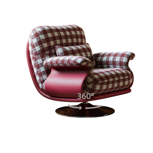 Red Plaid Swivel Accent Chair with Cushioned Arms and Metal Base