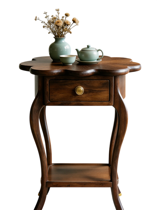 Ash Wood Flower Side Table with Drawer and Lower Shelf